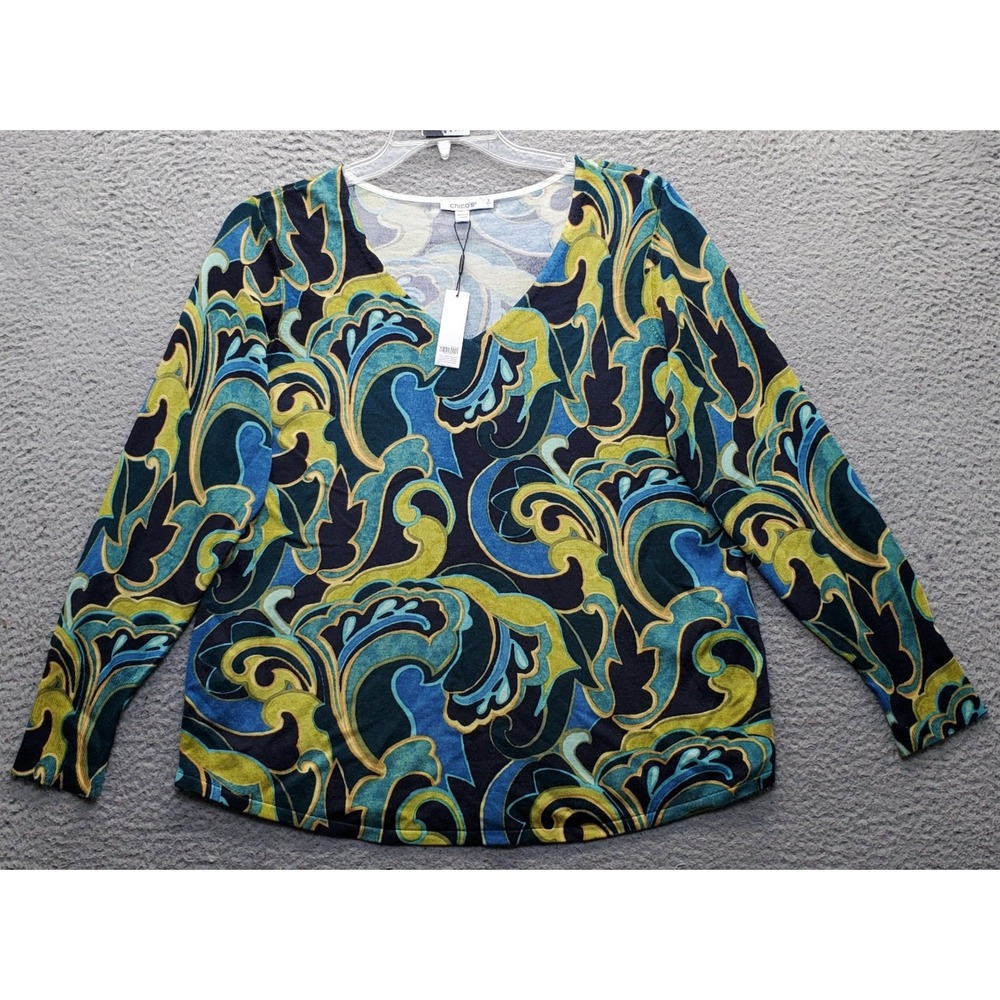 Chico's Sweater Womens Large Multi Scroll-Print Knit Long Sleeve V-Neck Pullover